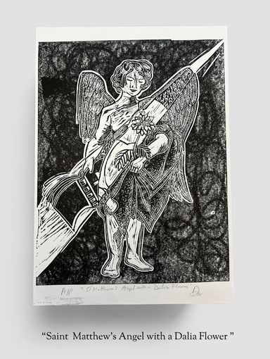 St Matthew's Angel with a Dalia Flower, by Lorraine de la Verpillière